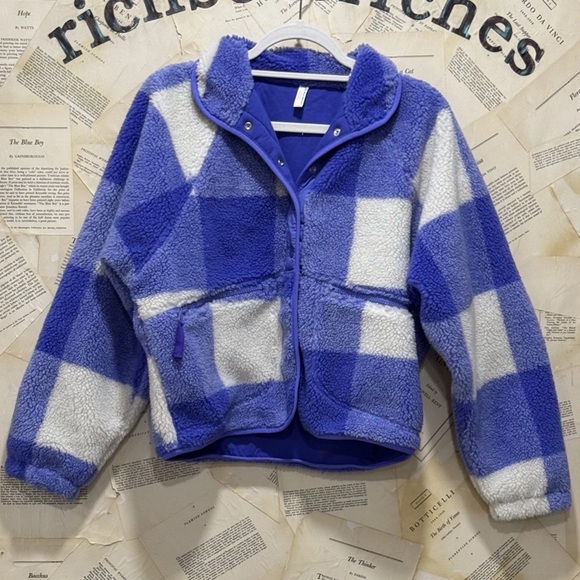 Free People Hit The Slopes Printed Fleece Jacket Blue Irish Gingham Combo - Picture 5 of 6